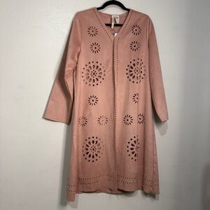 Forgotten Grace Elegant Pale Pink Laser-Cut Long Duster Open Cardigan. Sz L. NWT